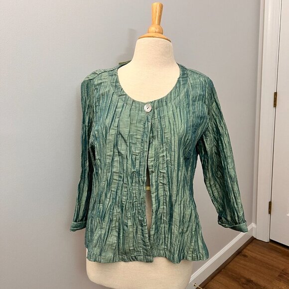 NEW Kathleen Sommers Shirt Jacket Crinkle Iridescent Artsy Green Teal Sz M - Picture 1 of 12